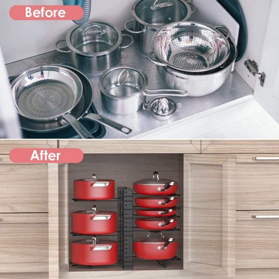 Pot Rack Organizer, Astoryou 8 Tiers Pan Rack Holder Stand Detachable Pot Lid Rack Length Adjustable Shelf Cookware Holders Cabinet Pantry with 3 DIY Methods for Kitchen Counter and Cabinet,Black - Image 3