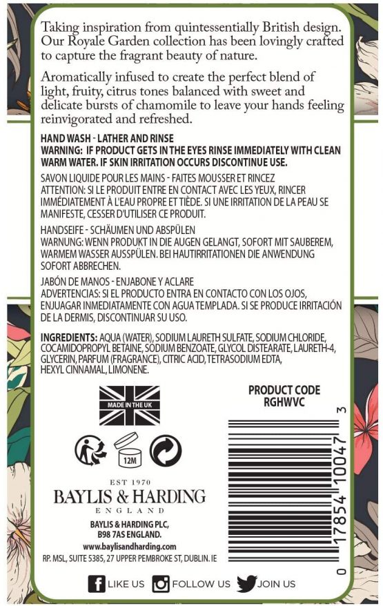 Baylis & Harding Royale Garden Verbena & Chamomile, 500 ml Hand Wash, Pack of 6 - Image 2