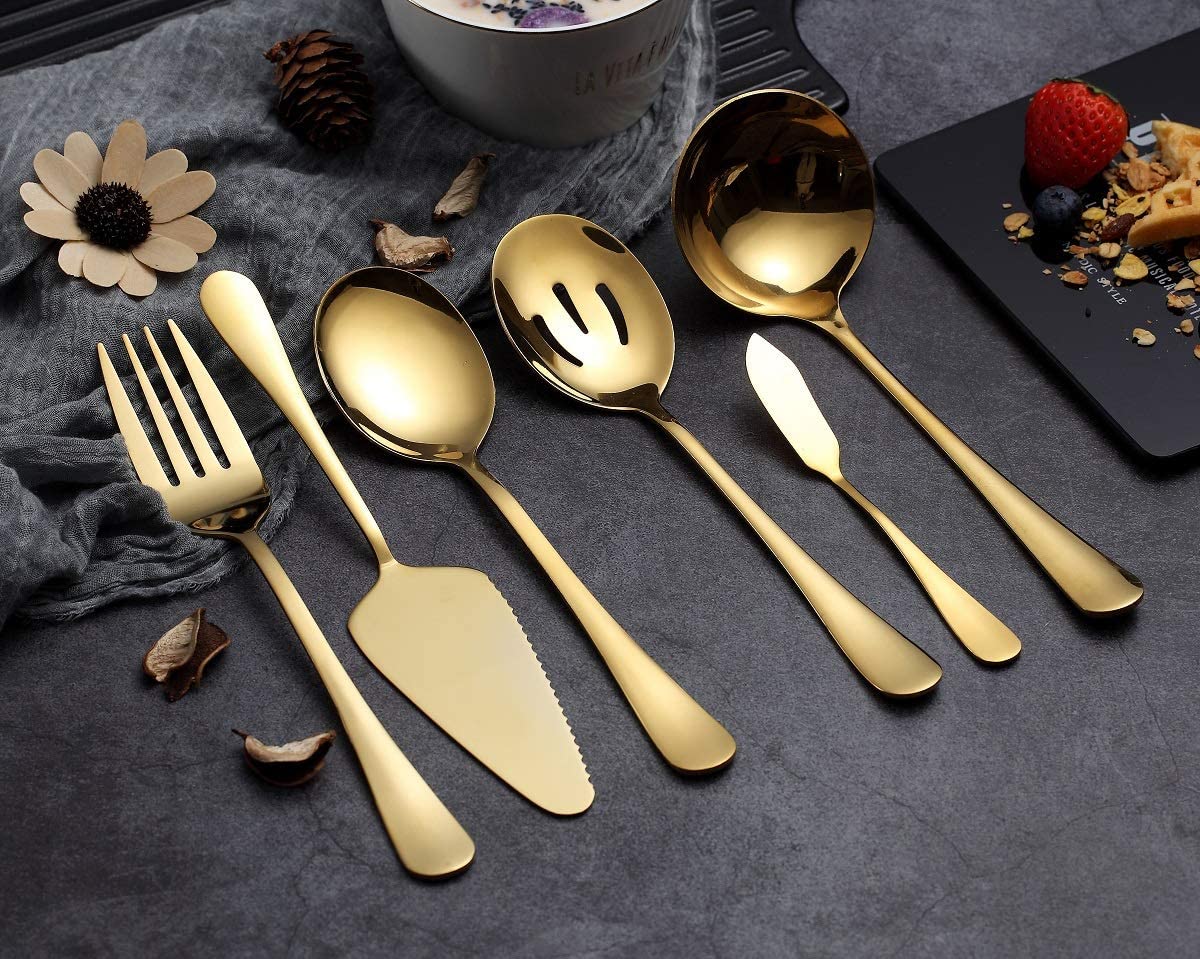 HOMQUEN 6-Piece Gold Serving Cutlery Silverware Set,Stainless Steel Serving Utensil Set,Include Cake Server - Image 2