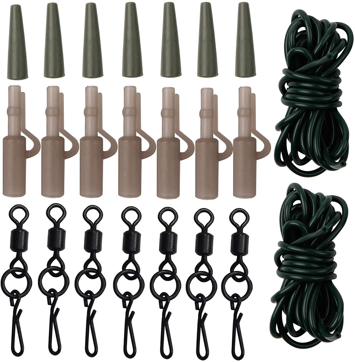 32pcs Carp Fishing Leader-Clips Bait Making Leader Rigs Quick Change Swivels 2M Rubber Tube Sleeves for Carp Hair Rigs Fishing Terminal Tackle
