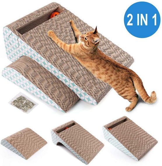 LotFancy Cat Scratching Board with Catnip and Tracks Cat Teaser Ball, 2 in 1 Cartoon Cardboard Cat Scratcher Catching Game Toy Used for Cat Decompression, Protection of Furniture