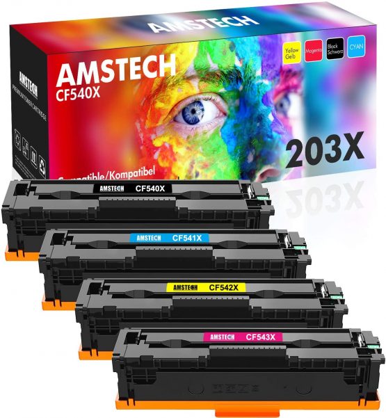 Amstech Compatible Toner Cartridge Replacement for HP 203X CF540X 203A CF540A Color Laserjet Pro MFP M281fdw M254dw M281fdn M280nw M281cdw M254nw M254dn M281 (Black Cyan Yellow Magenta, 4-Pack)