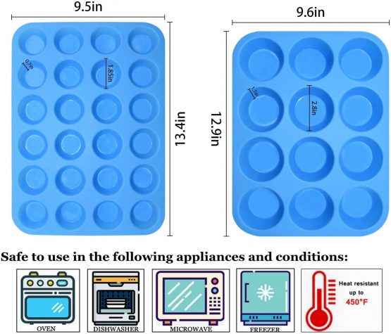 2-Pack Silicone Muffin Tray Set–Regular 12 Cups and Mini 24 Cups Cupcake Baking Tray,BPA Free,Non Stick,Heat-Resistant,with Bonus 1 Silicone Spatula & 1 Oil Brush(Red) - Image 2