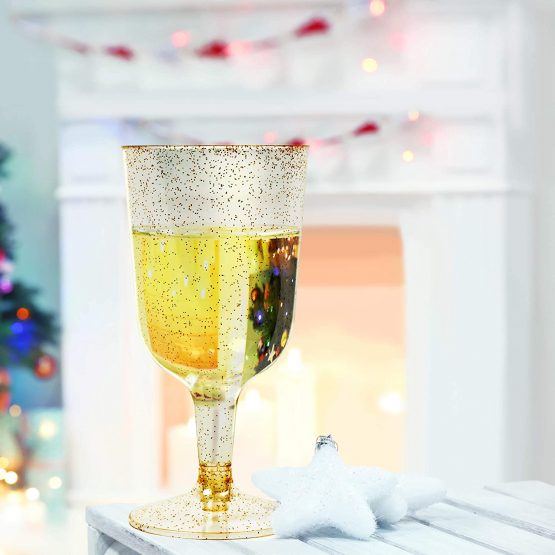 Matana - 100 Premium Plastic Gold Glitter Wine Glasses - 170ml - Image 4