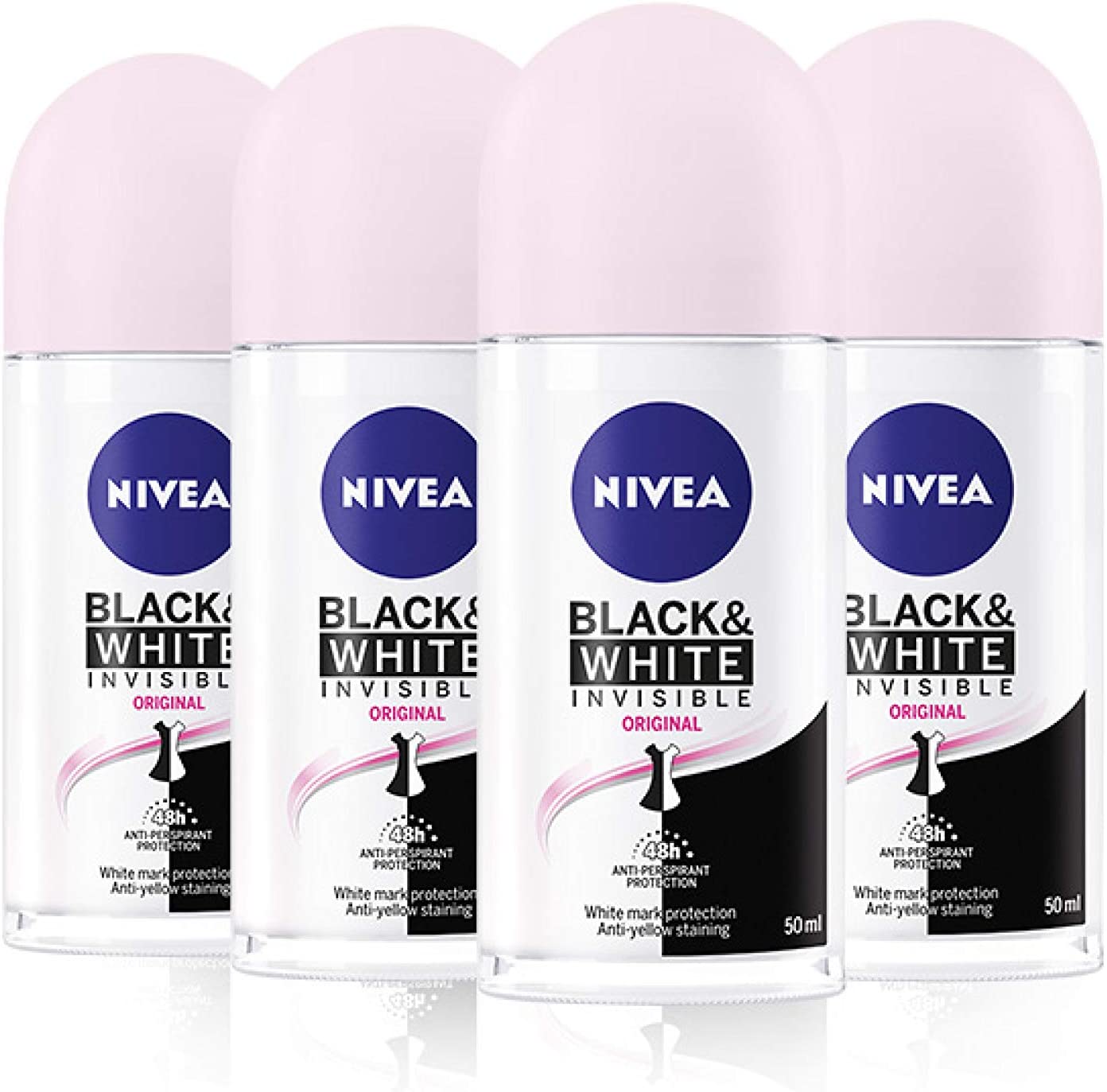 NIVEA Black & White Invisible Original Anti-Perspirant Deodorant Roll On Pack of 4 (4 x 50ml) 48hr Deodorant for Women Anti-Stain Womens Anti-Perspirant Roll On