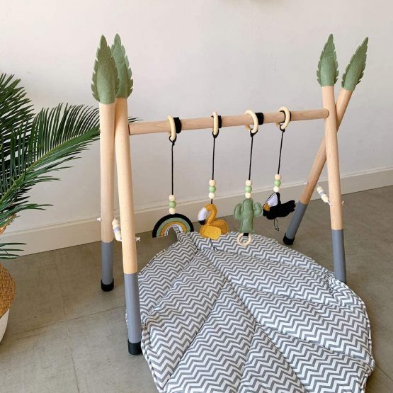 HB Baby Wooden Play Gym with 4 PCS Pendant Toys 4 PCS Covers Handmade Foldable Frame + 4PCS Teethers + 4PCS Leaf Hats Rattle Rings Sensory Toy Activity Gift (Grey&Green) - Image 3