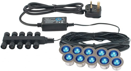 Pack of 10 x Saxby Ikon 30mm Round Polished Stainless Steel Bathroom IP67 Outdoor Recessed Garden Decking Blue LED Light Kit