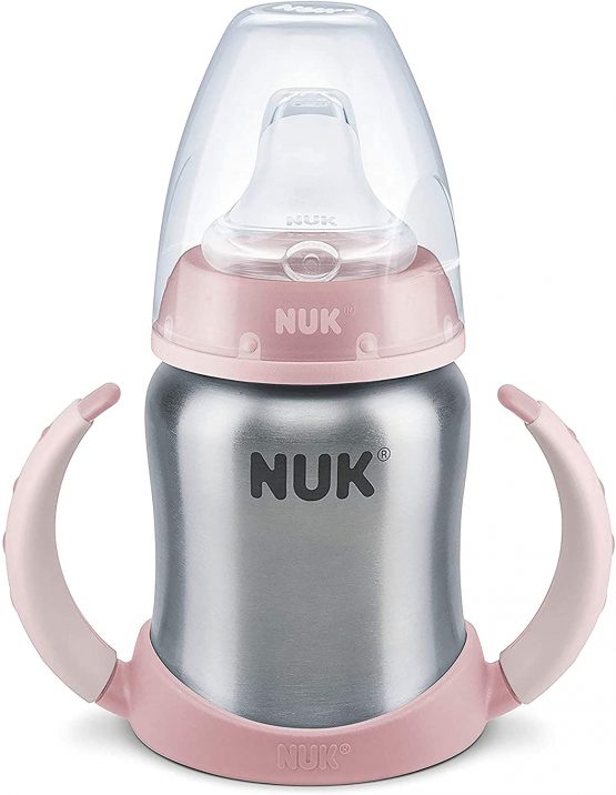NUK Learner Cup Drinking Bottle, 6-18 Months, Stainless Steel, Leak-Proof, Anti-Colic, BPA-Free, 125 ml, Pink