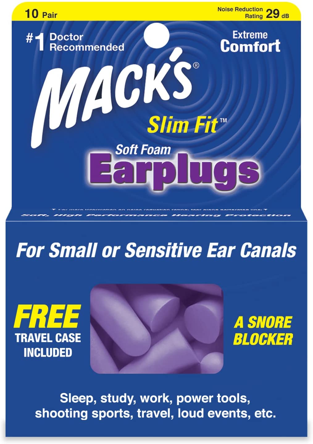 Mack's Safesound Soft Foam Slim Fit Earplugs - Pack of 10 works, Purple, 20 count (Pack of 1)