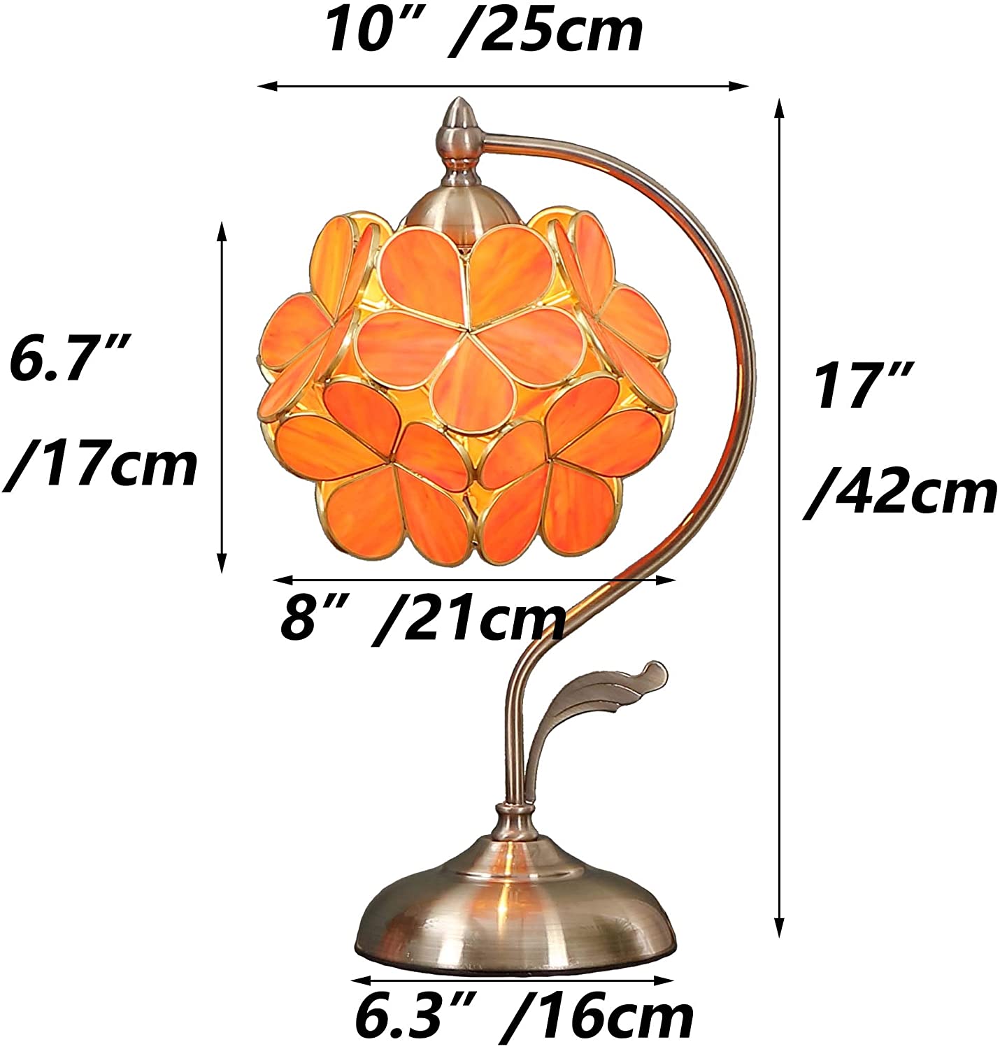 Bieye L30753 Tiffany Style Stained Glass Flower Petal Table Lamp with Brass Base for Home Décor (Orange, 8" Cherry Blossom) - Image 4