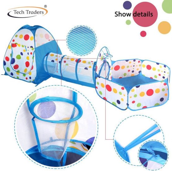 Tech Traders Toddlers crawl Soft Indoor-Outdoor Tunnel and Play Tent Cubby-Tube-Teepee 3 In 1 Playground for Children Baby Kids Toddlers (Balls not included) (BLUE)