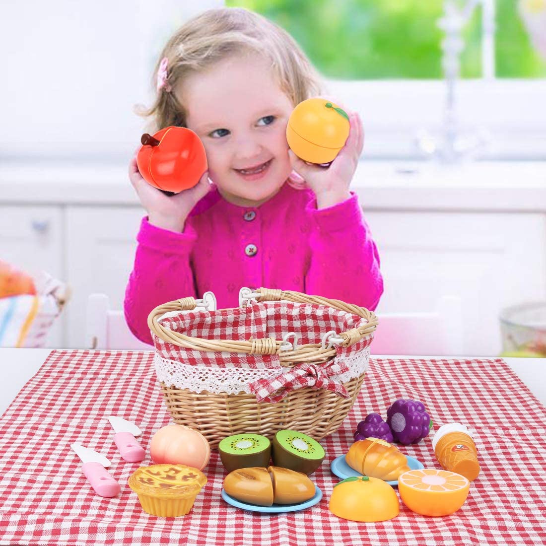 BeebeeRun Play Food Set with Picnic Basket and Mat, Cutting Dessert