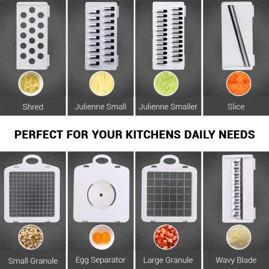 ADOV Mandolin Slicer, 12 in 1 Multi-Function Kitchen Vegetable Cutter, 7 Replaceable Stainless Steel Food Chopper with Egg Separator Hand Guard Waffle and Julienne for Onion Potato Fruits - Blue - Image 2