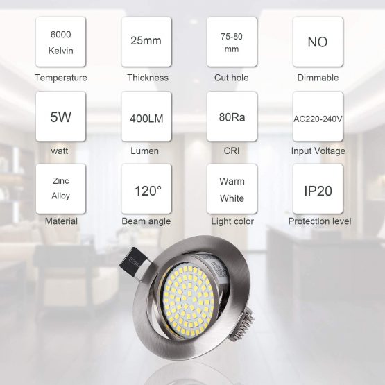 HYDONG LED Recessed Ceiling Spot Lights 5W Cool White 6000K Downlight Ultra Slim Not Dimmable Rotatable Spotlights IP20 Protection for Living Room Bedroom Kitchen, Open Hole Size 75-80mm, Pack of 8 - Image 2
