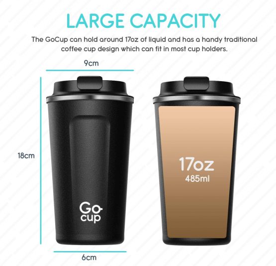 Travel Mug, Insulated Thermal Coffee Cup with Leakproof Lid, 510ml, UK Brand, Stainless Steel, Reusable, Large Size, Keep Drinks Hot and Cold, 17oz, Black - Image 4