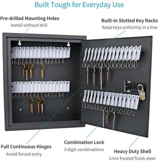 UnicLife 60 Keys Slotted Key Cabinet Steel Security Safe Lock Box with Combination Lock, Black - Image 2