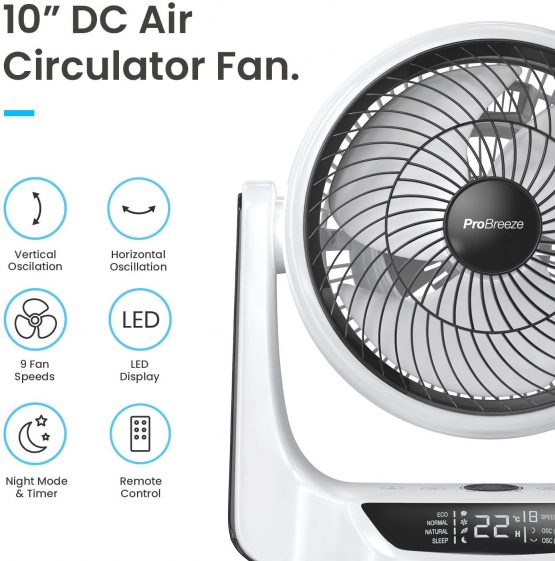 Pro Breeze 10” DC Air Circulator Fan - Ultra Quiet - Automatic Oscillation, 9 Fan Speeds, 4 Operational Modes, Timer, LED Display & Remote Control. Perfect for Desks, Bedrooms & Offices - Image 2