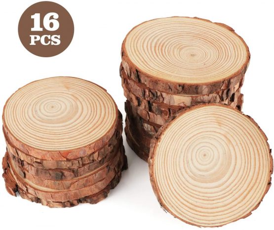 ilauke Natural Wood Slices 16 Pcs 9-10cm Circle Wooden Discs Unfinished Log Wooden Rounds for Arts Crafts Wall Decor Wedding Christmas DIY Projects