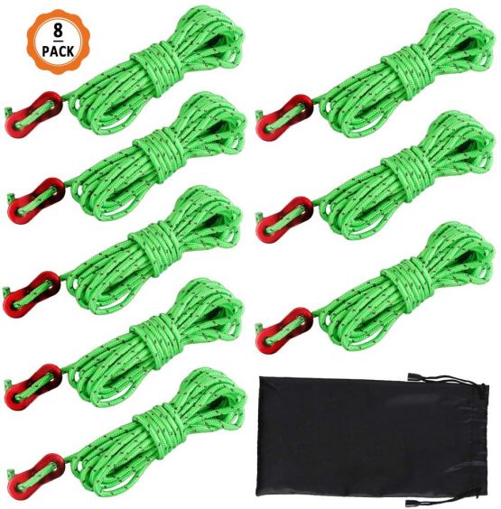 Dadabig 8 Pack 4mm Reflective Tent Guy Line, Light-Weight Tent Guide Lines Cord Guy Ropes with Aluminum Tensioners Adjuster for Outdoor Camping Hiking Awning Tents, 13 feet, Green