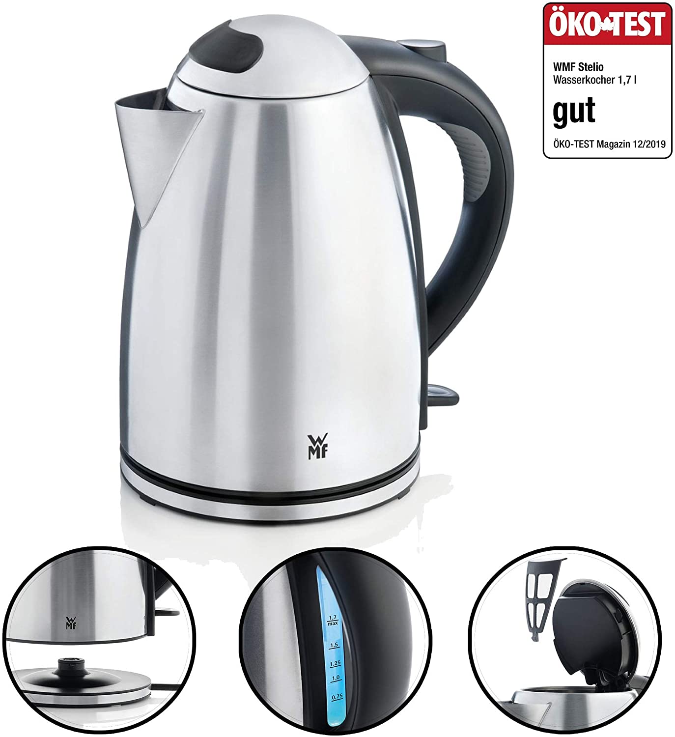 WMF Stelio kettle stainless steel, 1.7l, with filter, 2400W, wireless, illuminated water level indicator, lime water filter, cromargan matt