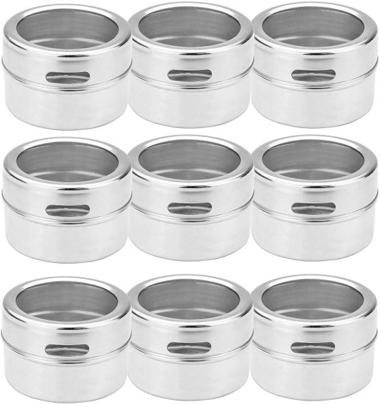 Magnetic Spice Tins - Set of 12 | Labels Included | Stainless Steel Spice Jars | Herb Pots | Seasoning Shakers | Spice Containers with Lid | M&W