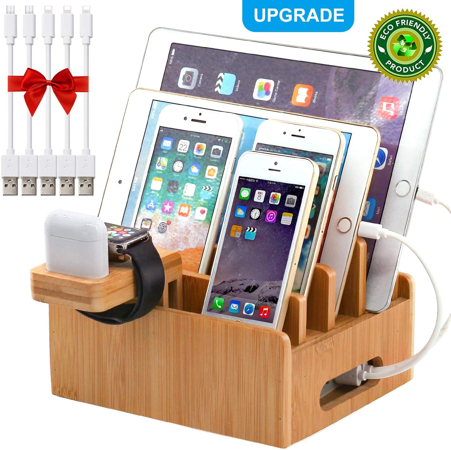 Bamboo Charging Stations Rack, for Multiple Devices Desktop Docking Station Organizer, for Cell Phones Tablet