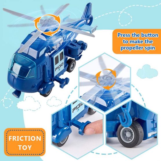 HERSITY Rescue Helicopter Toy Blue Police Plane with Light and Sound Push and Go Airplane Gifts for Kids Toddlers 3 4 5 Years Old - Image 4