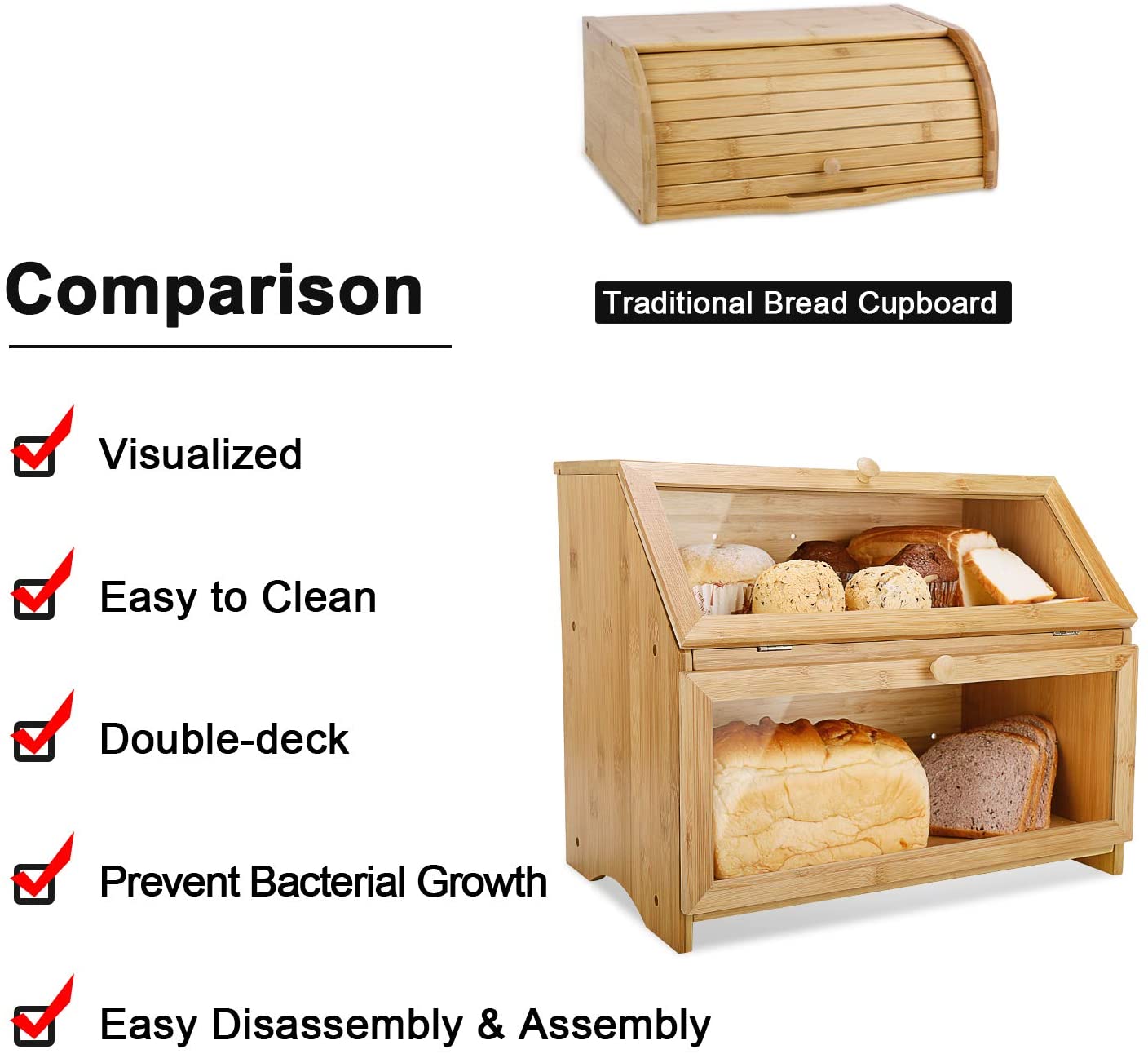 Leader Accessories Double Decker Bamboo Bread Bin 2-Layer Bread Box Large Capacity Bread Storage for Kitchen 15.3"x9.8"x12.6" - Image 3