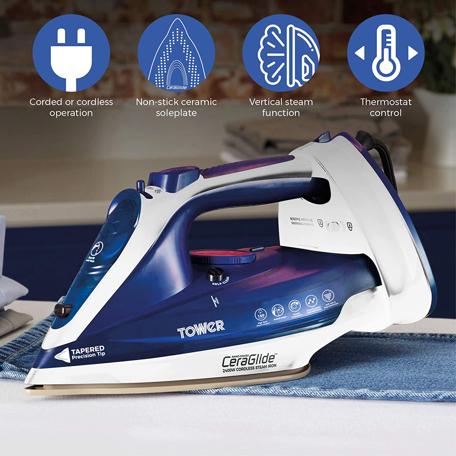 Tower T22008BLU CeraGlide Cordless Steam Iron with Ceramic Soleplate and Variable Steam Function, Blue - Image 4