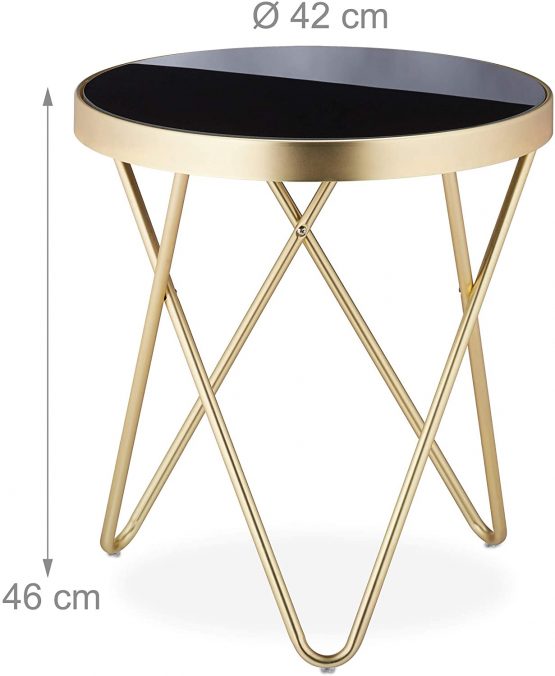 Relaxdays Round Side Table, Trendy Coffee Stand, Metal & Glass, Shiny, Retro Design, HxD: 46x42 cm, Gold, glass, steel, Black/Doado, Pack of 1 - Image 4