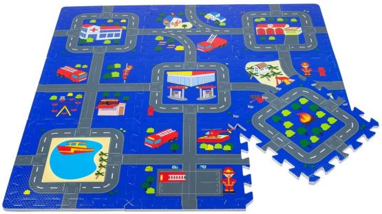 Leo & Emma Rally Play Foam Floor Tiles For Kids - Interlocking Foam Mats - Fire department Race Track Rug - Set of 9 Large 32 x 32 cm Pieces - Perfect Hot Wheels Mat - TÜV tested
