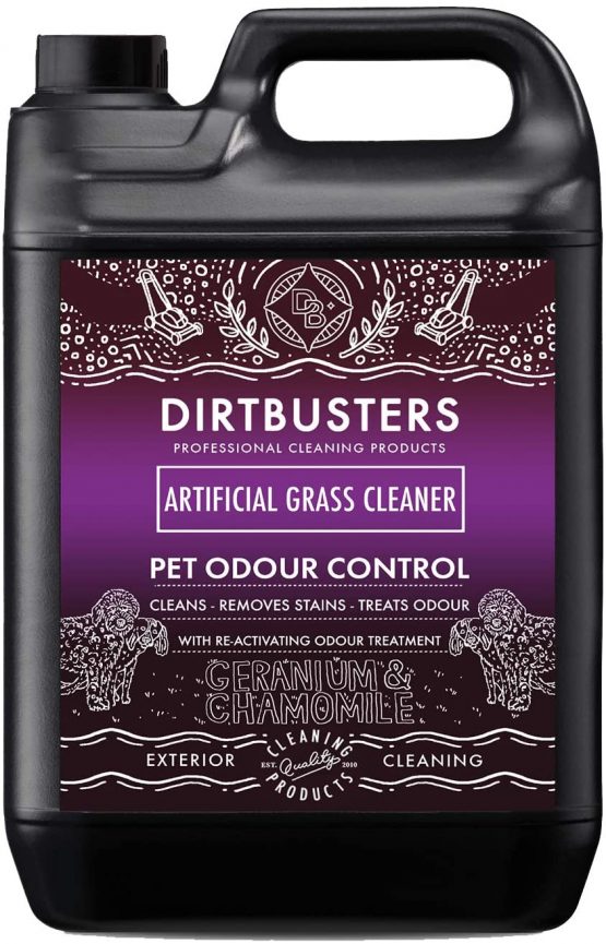 Dirtbusters pet artificial grass cleaner geranium and chamomile with added reactivating pet odour urine deodoriser for dogs and cats cleans removes stains odour neutralises 1 x 5 litres