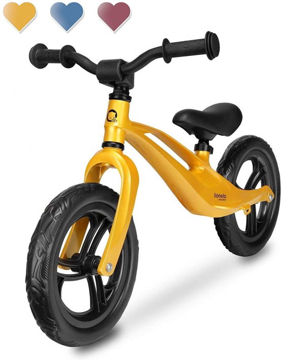 Lionelo LOE Goldie Bart Balance Bike, from 18 Months up to 30 kg, Magnesium Frame, Maintenance-Free 12-Inch Eva Wheels, Height-Adjustable Handlebars and Saddle, Footrest, Ultra Light (Gold)