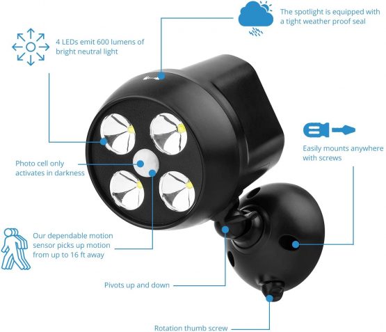 NICREW [2-Pack] Battery Powered Security Light, PIR Motion Sensor Spotlight, Weatherproof Outdoor Wall Light for Gardon Walkways, 600 Lumen, 8W (Black) - Image 3