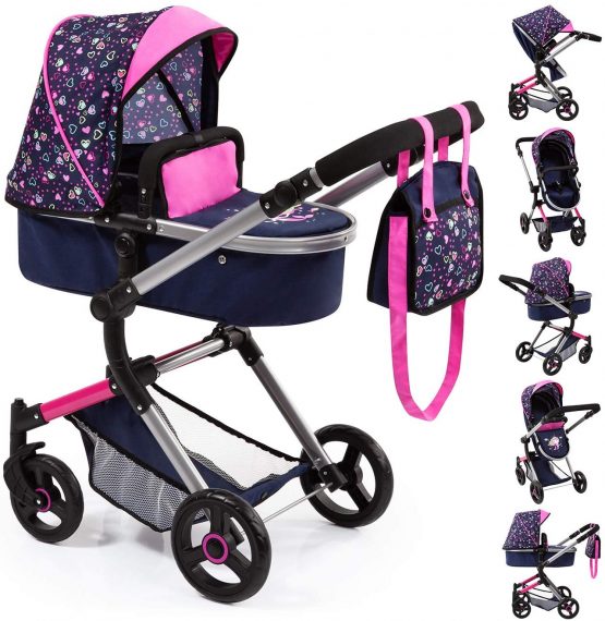 Bayer Design 18417AA Stroller, Doll Combi Pram Neo Vario with Changing Bag and Underneath Shopping Basket, Foldable, Swivel Front Wheels, Blue with Hearts, Modern, Mermaid