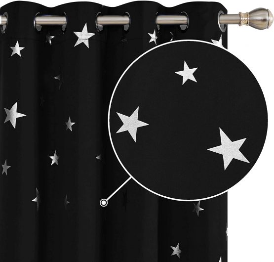 Deconovo Bedroom Eyelet Curtains Thermal Insulated Noise Reducing Star Foil Printed Blackout Curtains for Livingroom 55x114 Inch Black 2 Panels