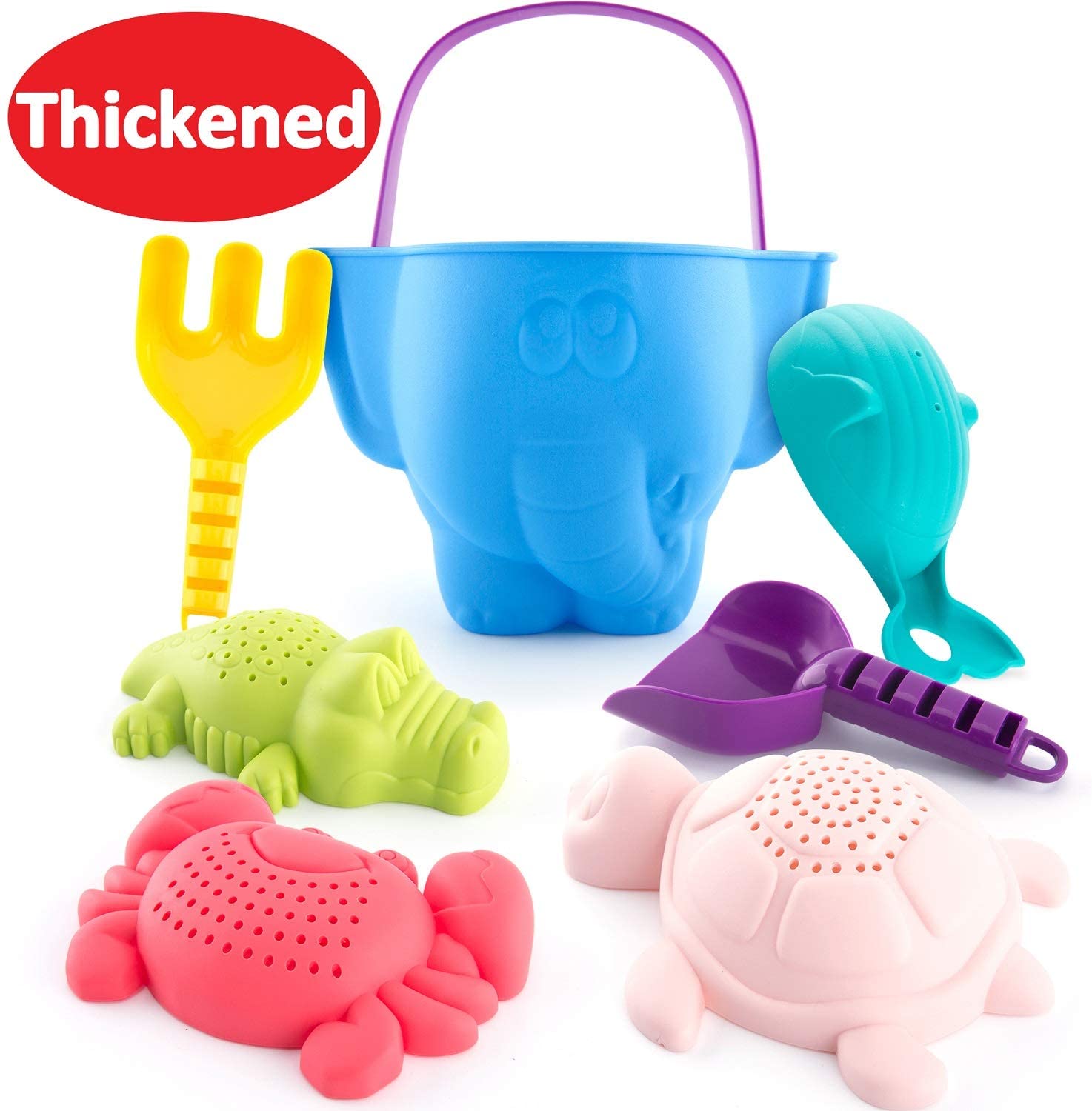 hahaland 7PCS Beach Sand Toys for Toddlers Age 2-5, Bucket and Spade Set including Animal Molds