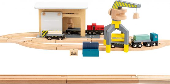 Small Foot 11377 Wooden Freight, Lorry,Train Engine, Sliding Doors,360-degree rotatable Crane and Tracks,Ages 3 Years and up Toys, Multicolored - Image 3