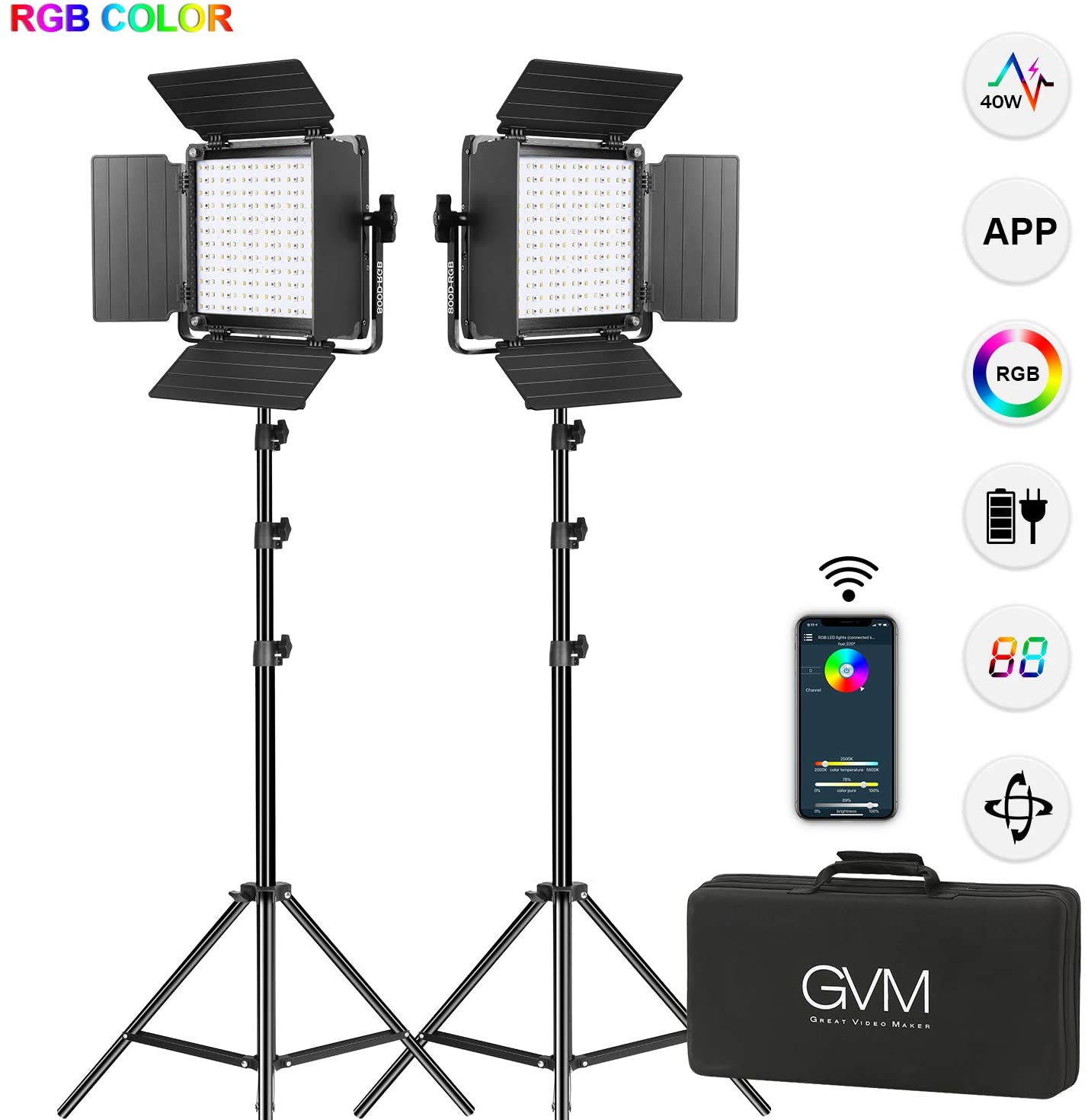Kit Di 2 Luci LED RGB GVM 800D Con Treppiede, Controllo APP, CRI97, 3200-5600K, Per YouTube E Streaming