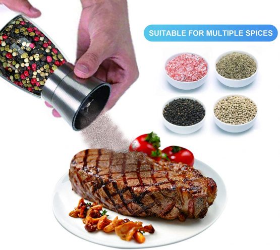 Salt and Pepper Mill Set with Stainless Stand, Adjustable Coarseness Refillable Salt and Pepper Grinder Set of 2, Ceramic Grinding Core and Durable Glass - Image 2
