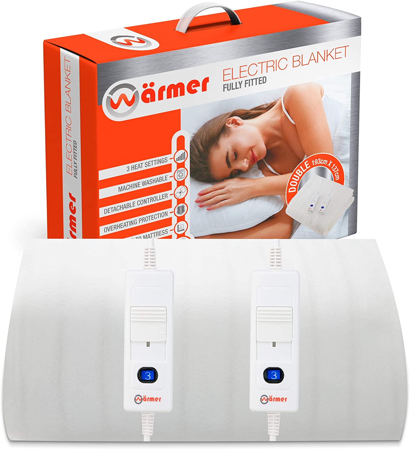 Wärmer Electric Blanket Double Size, Dual Control, Fully Fitted Mattress Cover with Elasticated Skirt, 3 Heat Settings
