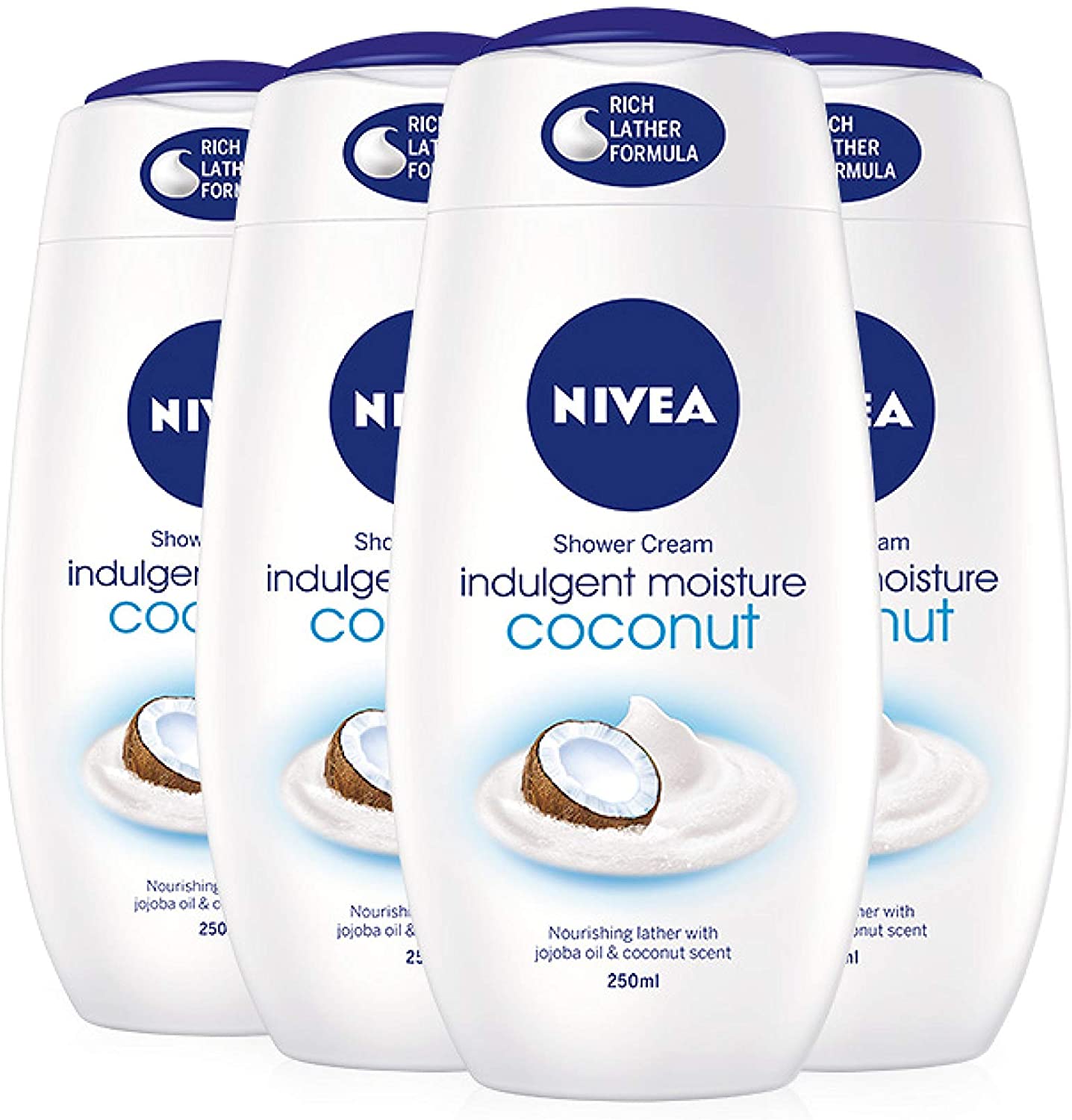 NIVEA Shower Cream Gel, Indulgent Moisture Coconut, Pack of 4 (4 x 250ml), Moisturising Shower Gel with Bamboo Milk, Luxurious Body Wash for Women, Body Wash with Argan Oil