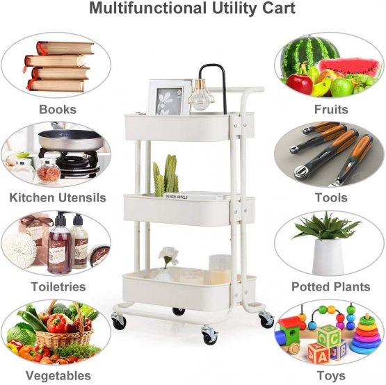 Storage Trolley Cart - 3 Tier Rolling Utility Organizer Rack, Craft Art Cart, Multi-Purpose Organizer Shelf, Tower Rack Serving Trolley for Office Bathroom Kitchen Kids’ Room Laundry Room, White - Image 2