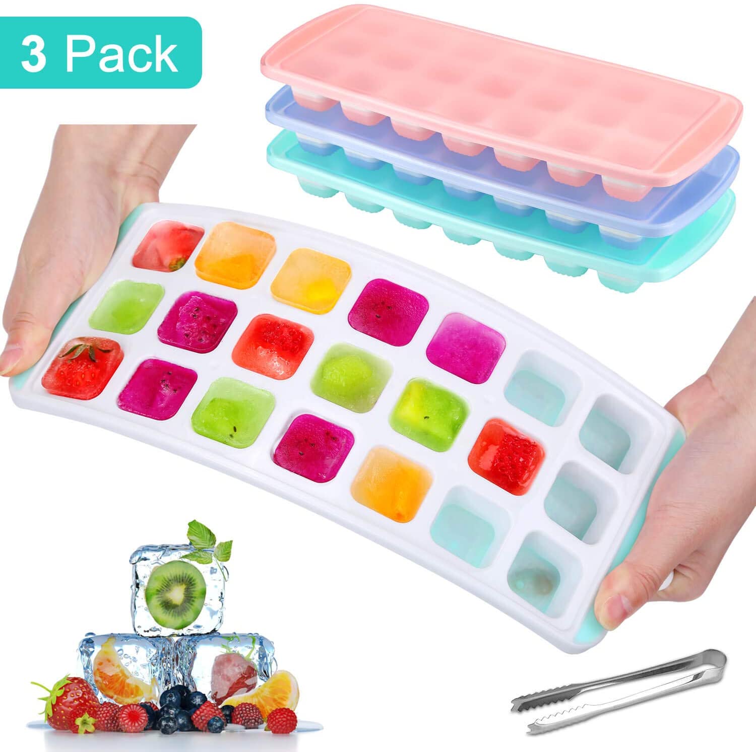 MOSOTCH 3 Packs Ice Cube Tray, Silicone Ice Moulds with Removeable Lids
