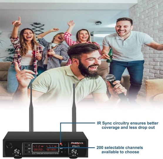 Wireless Microphone System, Phenyx Pro Dual Channel Cordless Mic Set With 2 Handhelds, 2x200 Channels, Auto Scan, Lock Function, 328ft Coverage, Ideal for DJ, Church, Events(PTU-71A) - Image 4