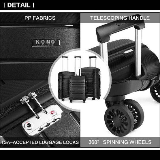 Kono Lightweight Polypropylene 55cm Cabin Suitcase TSA Lock 20" Carry On Hand Luggage with 4 Spinner Wheels 40L (Black) - Image 3