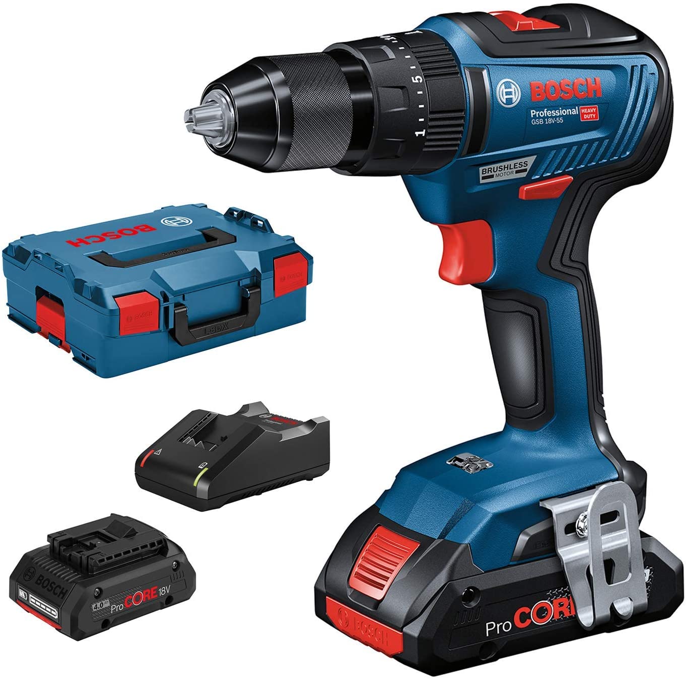 Bosch GSB 18V-55 Professional Cordless Hammer Drill with 2X 4.0 Ah ProCore Batteries, 18 Volt System