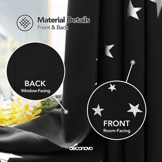 Deconovo Bedroom Eyelet Curtains Thermal Insulated Noise Reducing Star Foil Printed Blackout Curtains for Livingroom 55x114 Inch Black 2 Panels - Image 3