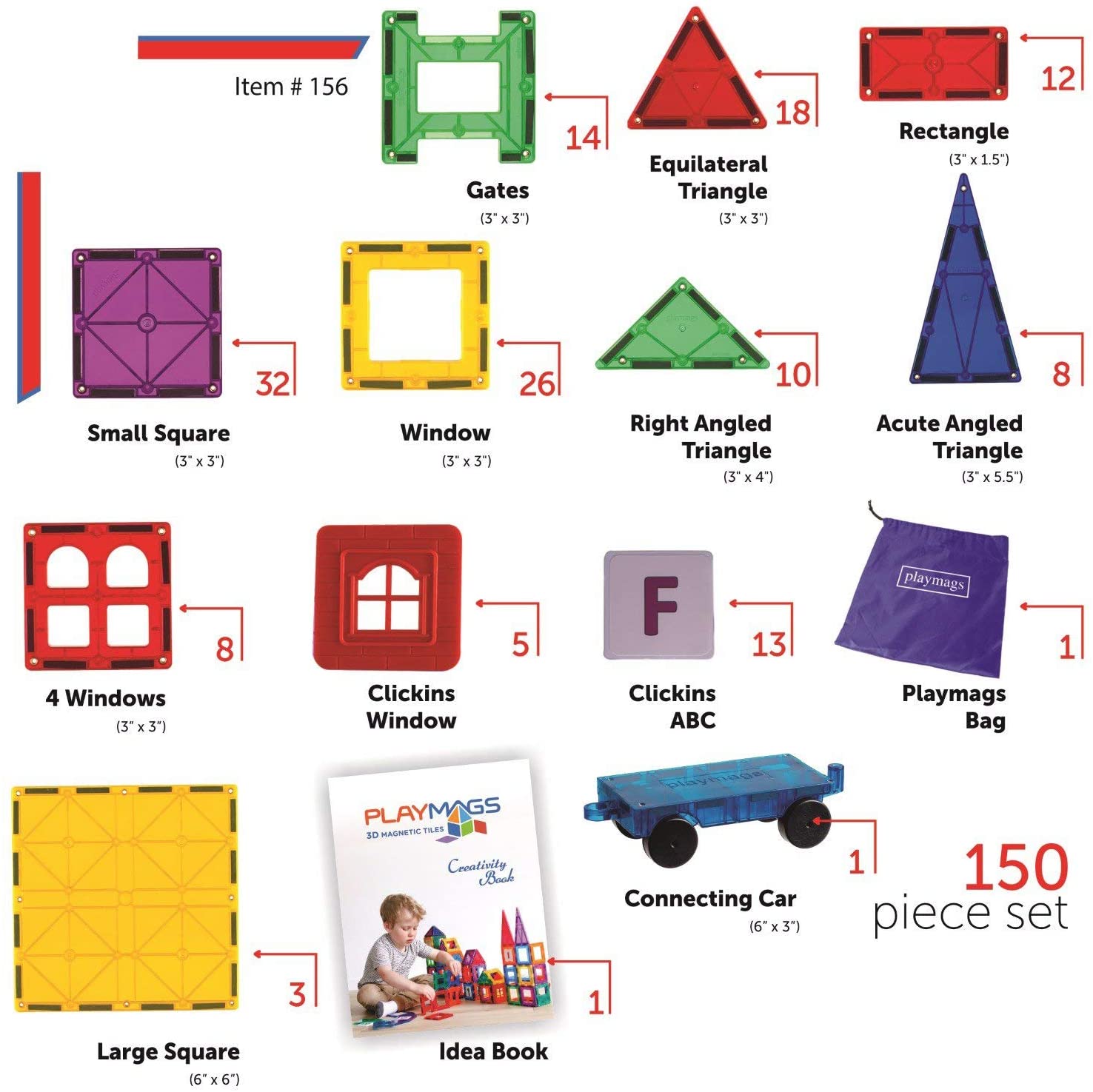 Playmags 150 Pcs Magnetic Tiles Set for Kids, Colorful Stronger Magnets, 3D Magnetic Building Blocks - Image 2