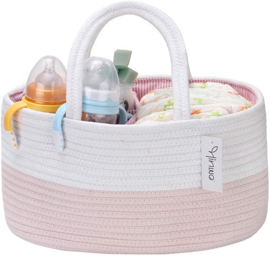 Hinwo Baby Diaper Caddy 3-Compartment Infant Nursery Tote Storage Bin Portable Car Organizer Newborn Shower Gift Basket Cotton Rope with Detachable Divider for Diapers & Wipes